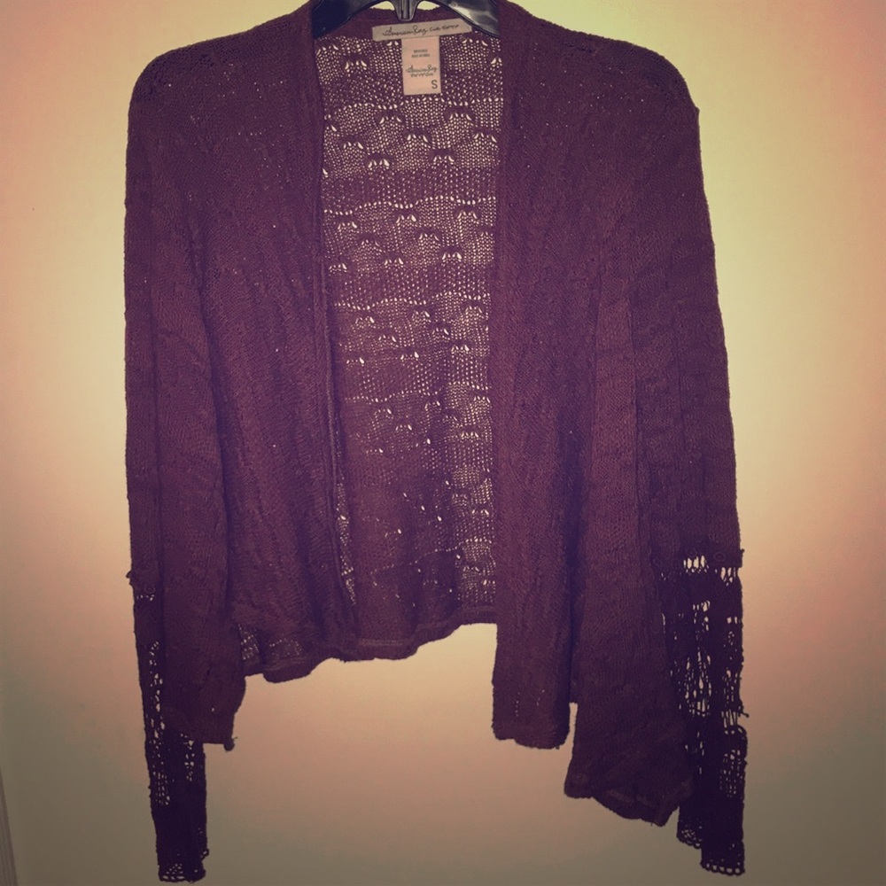 Plum, open knit sweater cardigan